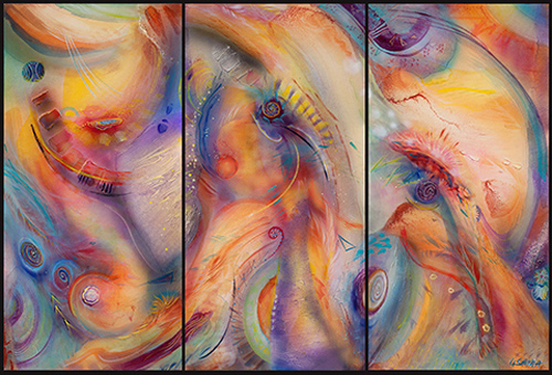 Triptych of abstract art, large oil painting titled "Cosmic Breath" by Ushana Mara