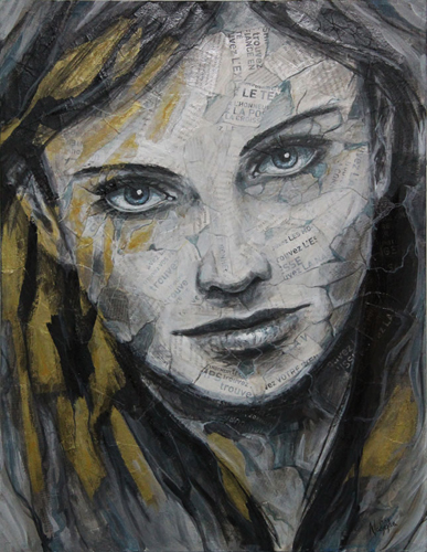 “The Awakening” Acrylic and Collage portrait of a young woman staring straight out at the viewer by Nadjejda Gilbert