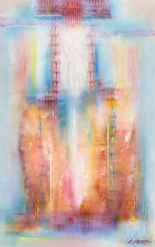 Soft abstract painting in pastel colors titled “Cathedral Path” Oil on Canvas by Ushana Mara