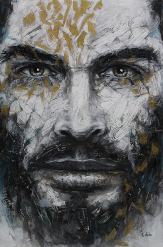 “Origin” Acrylic and Collage Portrait of a serious looking man with a beard by Nadjejda Gilbert
