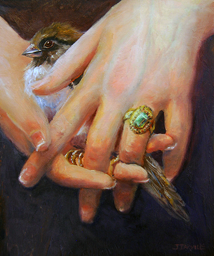 "Helping Hand" Oil painting of a small bird held gently in a woman's hands by Jeanette Jarville