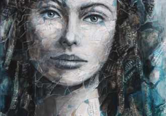 “Evasion” Collage and paint portrait of a young woman by Nadjejda Gilbert