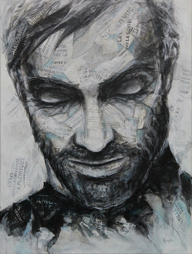 “Introspection” Acrylic and Collage portrait of a man with closed eyes by Nadjejda Gilbert