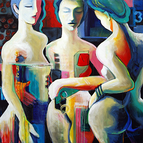 "3 Graces" Acrylic abstract figurative painting of three nude women by Jeanette Jarville