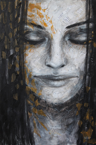 “Silence is Golden” Acrylic and Collage portrait of a long-haired woman with closed eyes by Nadjejda Gilbert