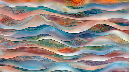Undulating artwork in soft colors titled“Waters, Waves, Winds” Mixed Media by artist Ushana Mara