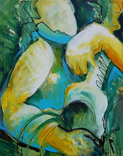 "Strumming My Heart" Abstract acrylic painting of a figure playing a guitar by Jeanette Jarville