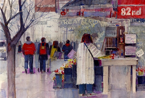 Watercolor painting of a flower market in NYC by Dorrie Rifkin