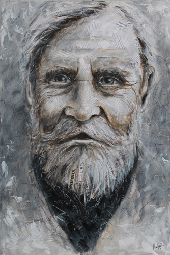 “A Giant Course” Acrylic and Collage portrait of an older man with a beard by Nadjejda Gilbert
