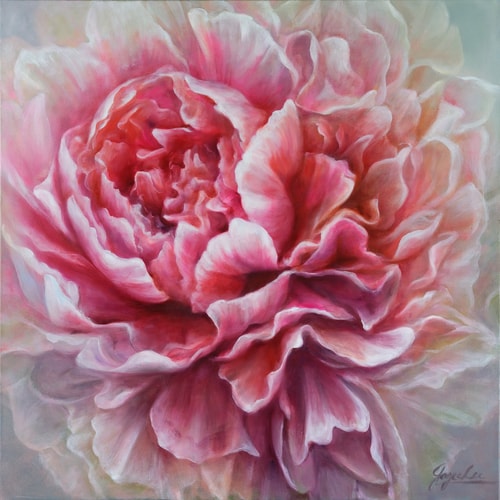 Oil painting of a pink peony by artist Joyce Lee