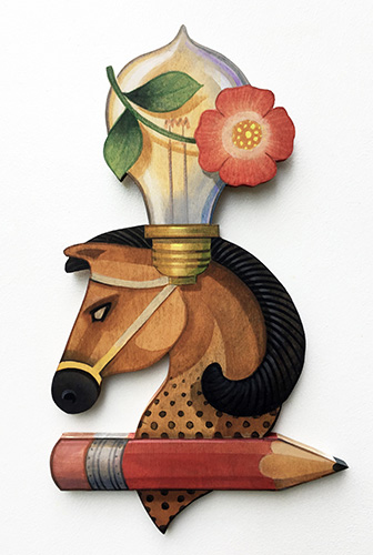 Eccentric painted wood assemblage by artist Johnny Karwan of a horse with a lightbulb, flower and pencil.