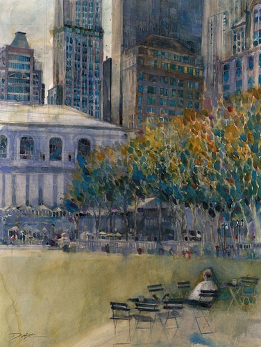 Watercolor painting of Bryant Park in NYC by Dorrie Rifkin