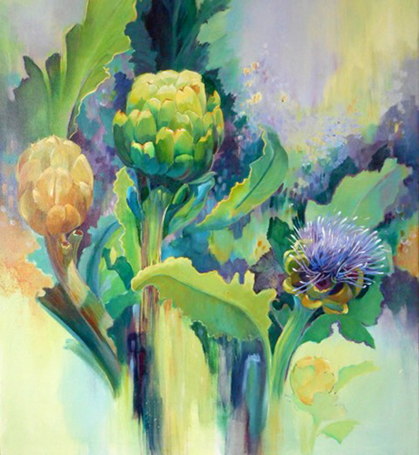  Acrylic painting of artichokes and lavender blossoms by Carolyn Ritter