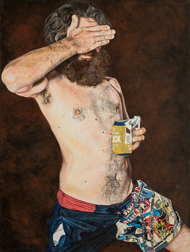 “Being Slipshod” Acrylic painting of a man in a bathing suit drinking beer by DebiLynn Fendley