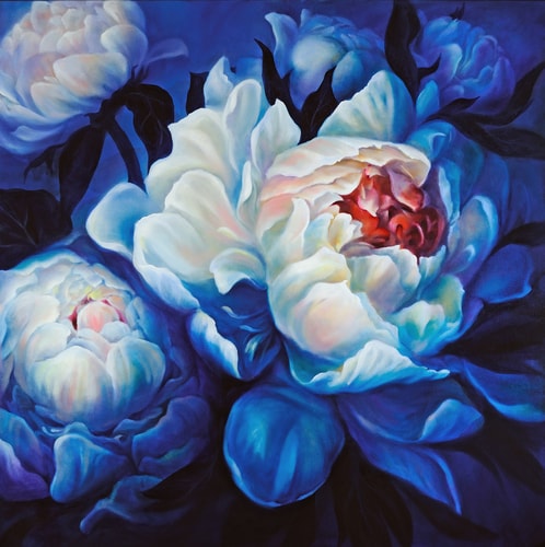Oil painting of a Peony blossoming in a garden by artist Joyce Lee