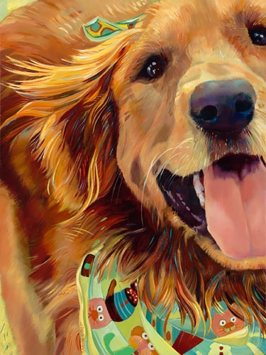 "Bounce" Acrylic painting of a close up view of a running Golden Retriever by Carolyn Ritter