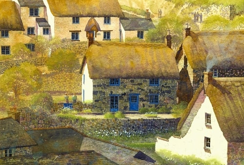 “Cadgwith, Cornwall, England” English landscape with cottages, watercolor by Mark Bird