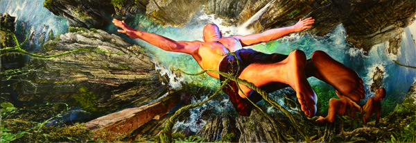 Dramatic action painting of Cliff Divers by artist Brad Walker