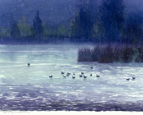 “Dawn at Lago San Pablo, Ecuador” Painting of an Ecuadorean lake at dawn, watercolor by Mark Bird