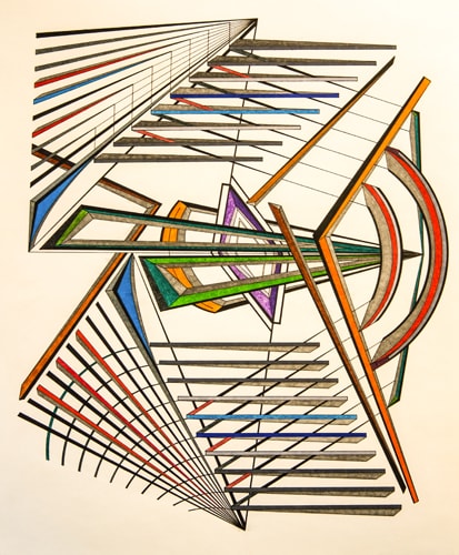 Abstract drawing by Bill Sotomayor showing his technique of Geo-Mechanical Abstract Art