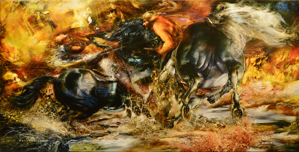 Dramatic panoramic oil painting of warriors on horseback in battle by Brad Walker titled "El Cid"