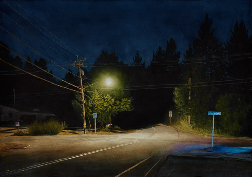 Watercolor painting of Felton Empire Road at night by Jonathan Keeton