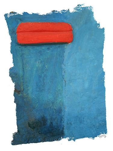 “Hot Lips” (Orissa, India) Photography of a blue wall with a red painted protrusion that resembles lips by Denise Solay