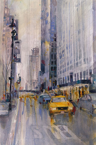 Taxi in midtown Manhattan, painting by Dorrie Rifkin
