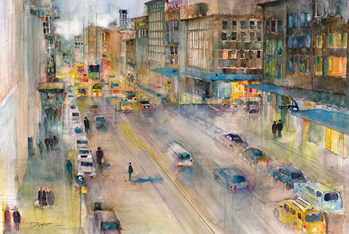 Watercolor painting of a street scene in midtown Manhattan, by Dorrie Rifkin