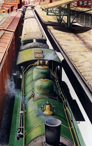 Vintage train leaving the station, colored pencil drawing by David Neace