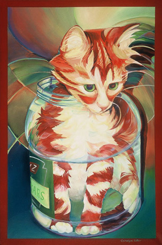 painting of a brown and white striped kitten sitting in a pickle jar by Carolyn Ritter