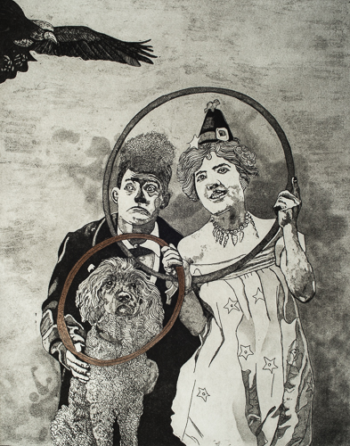 “Jumping Through Hoops” Etching of two circus performers with hoops and a dog by DebiLynn Fendley