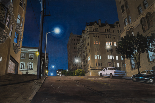 Acrylic painting of Laguna Pacific Avenue at night by Jonathan Keeton