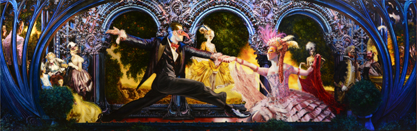 "Masquerade" large panoramic oil painting of a masked ball by Brad Walker