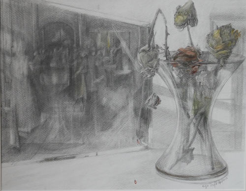 "Miss Havesham's Bouquet" Pastel and Pencil drawing of wilted roses and an obscure reflection of background figures by Maggie Wright