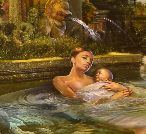 Detail of oil painting of Mother and Child below a fountain by Brad Walker