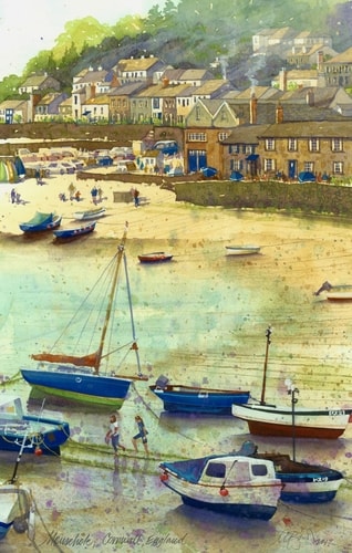 “Mousehole, Cornwall, England” English seascape with boats and village, watercolor by Mark Bird