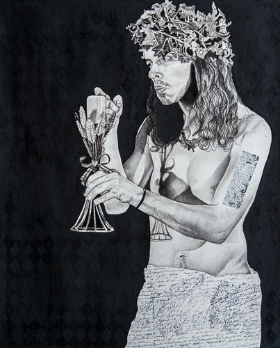 “My Bacchanalia” Mixed media art of a man with a grape vine wreath on his head by DebiLynn Fendley