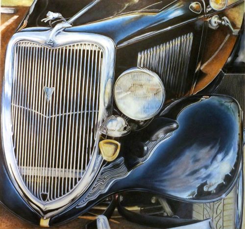 Colored Pencil drawing antique car hood and grille by David Neace