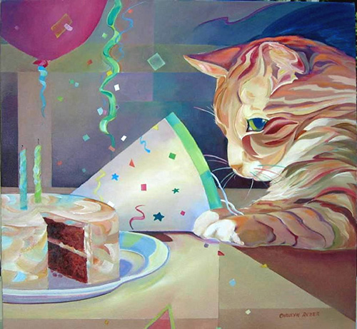 “Party Animal” Acrylic painting of a cat looking at birthday cake by Carolyn Ritter