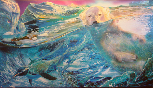 "Polar Bear Swimming" hunting a penguin, dramatic oil painting by Brad Walker