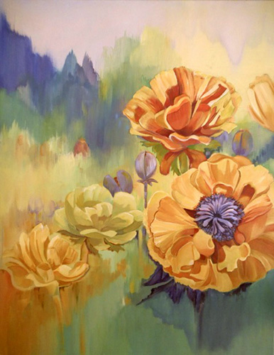 “Poppies” Acrylic painting of orange poppy blossoms by Carolyn Ritter
