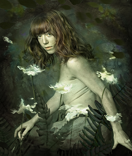 "Portrait with White Flowers" Digital Photograph of a young woman walking through white flowers by Jan Gierat