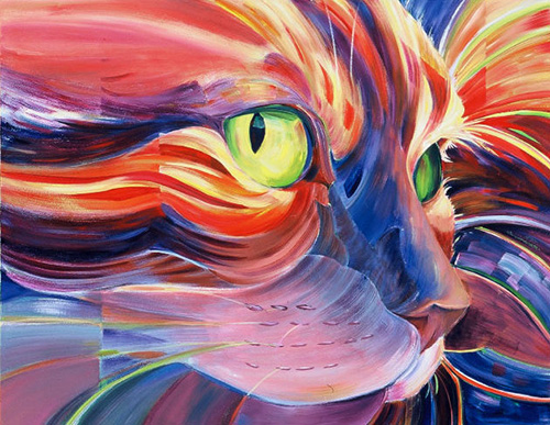 "Pounce" Colorful acrylic painting of a cat's head by Carolyn Ritter