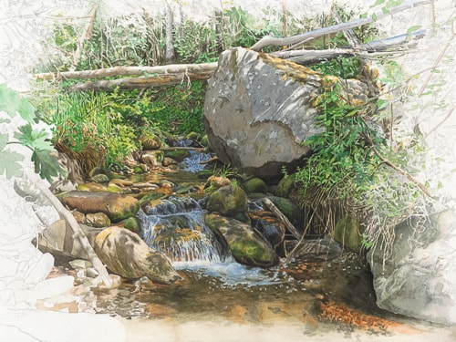 Watercolor painting of a river in Medio by Jonathan Keeton