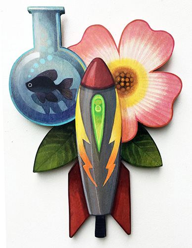 Colorful humorous art assemblage by Johnny Karwan titled "Rocket Fish" made from acrylic and wood.