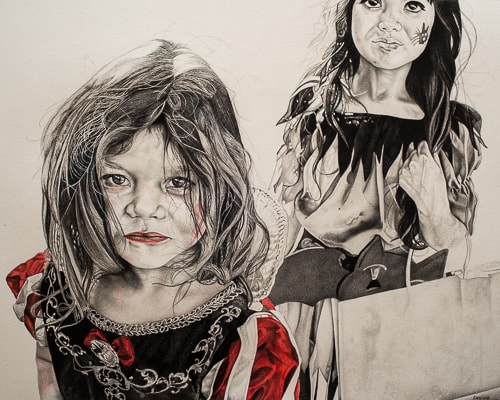 "Roses and Oleander" Mixed media artwork of two young girls by DebiLynn Fendley