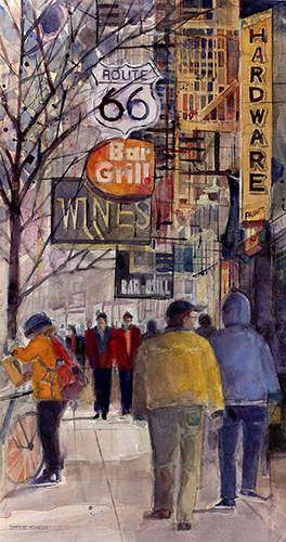 City street scene, watercolor painting by Dorrie Rifkin