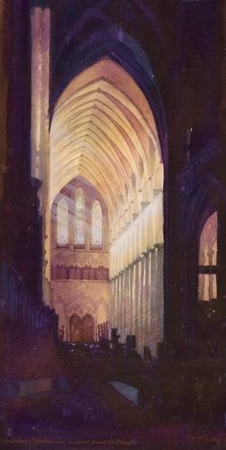 “Salisbury Cathedral Nave as Viewed Toward West Front" Interior view of Salisbury Cathedral's nave, watercolor by Mark Bird