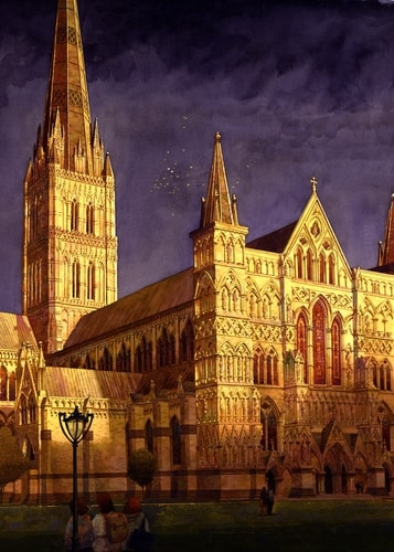 “Salisbury Cathedral, Salisbury, Wiltshire, England" Exterior view of Salisbury Cathedral, Watercolor by Mark Bird